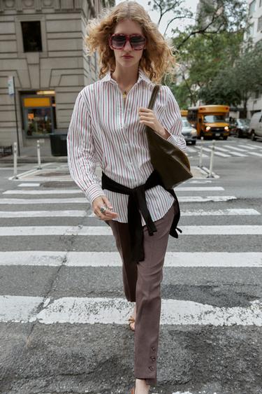 STRIPED OVERSIZE POPLIN SHIRT - White / Red by Zara