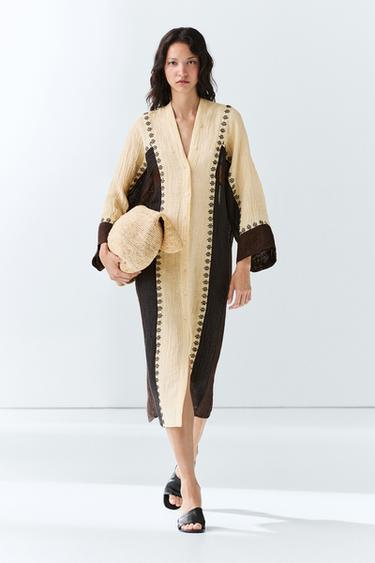 Zara Linen blend embroidered kaftan dress - Brown - Image 0