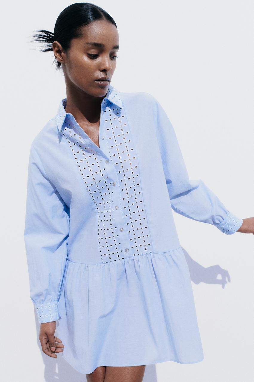 Tunic Dress with Eyelet Embroidery - Light blue - Ladies