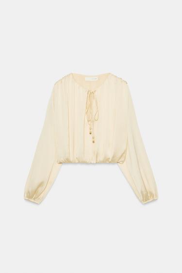 BLOUSE SATINÉE EFFET BALLON - Blanc cassé de Zara - Image 5
