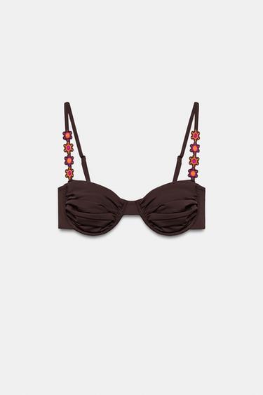 UNDERWIRED FLORAL BIKINI TOP - Brown by Zara