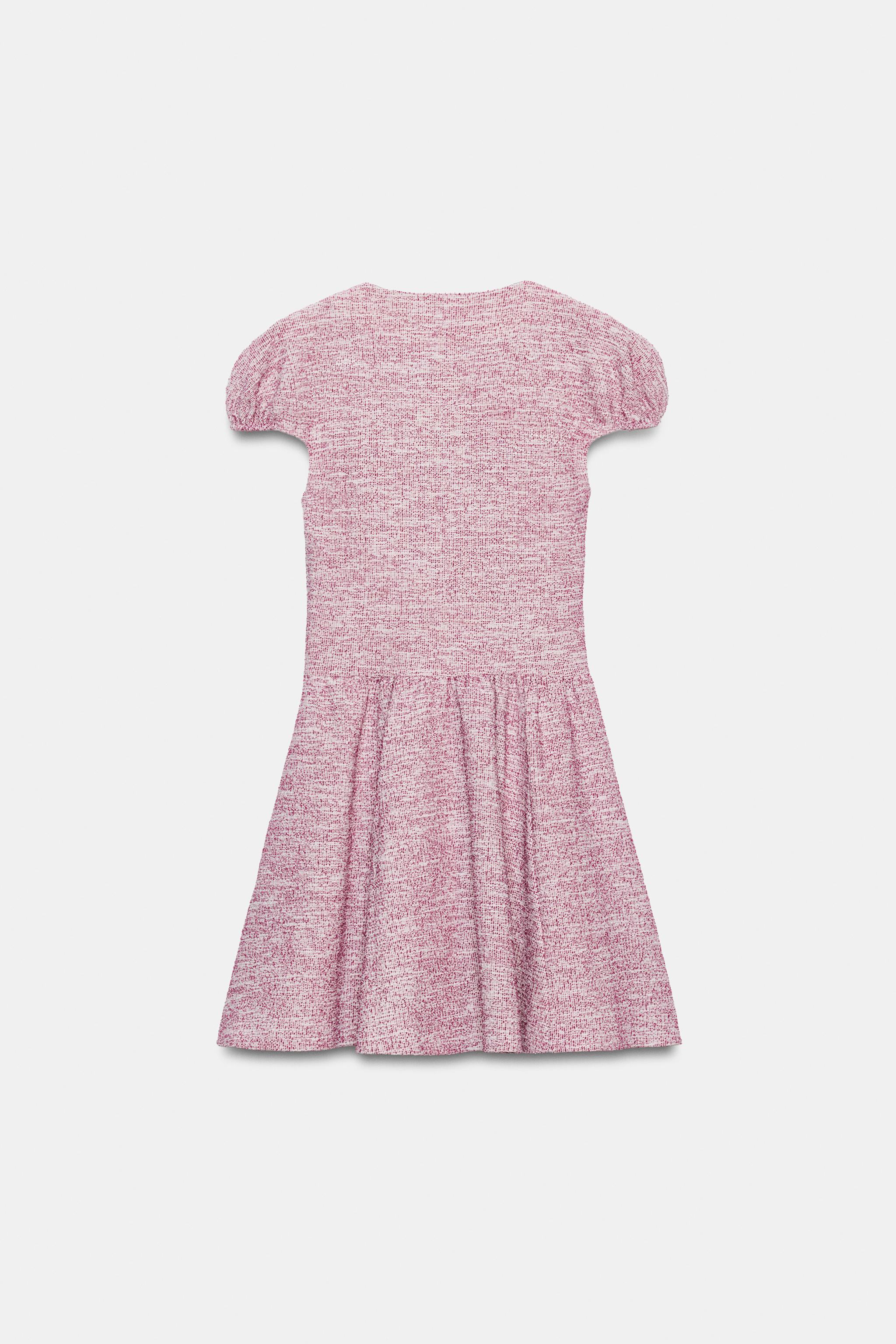 BOUCLÉ PUFF SLEEVE DRESS — Pink marl