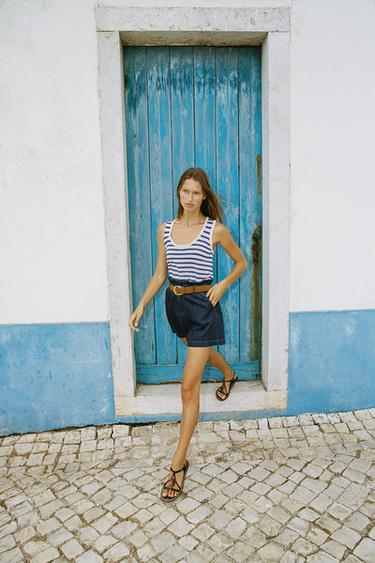 Zara BELTED PAPER BAG SHORTS - Indigo