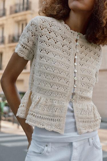 POINTELLE SHORT SLEEVE CARDIGAN - Ecru by Zara