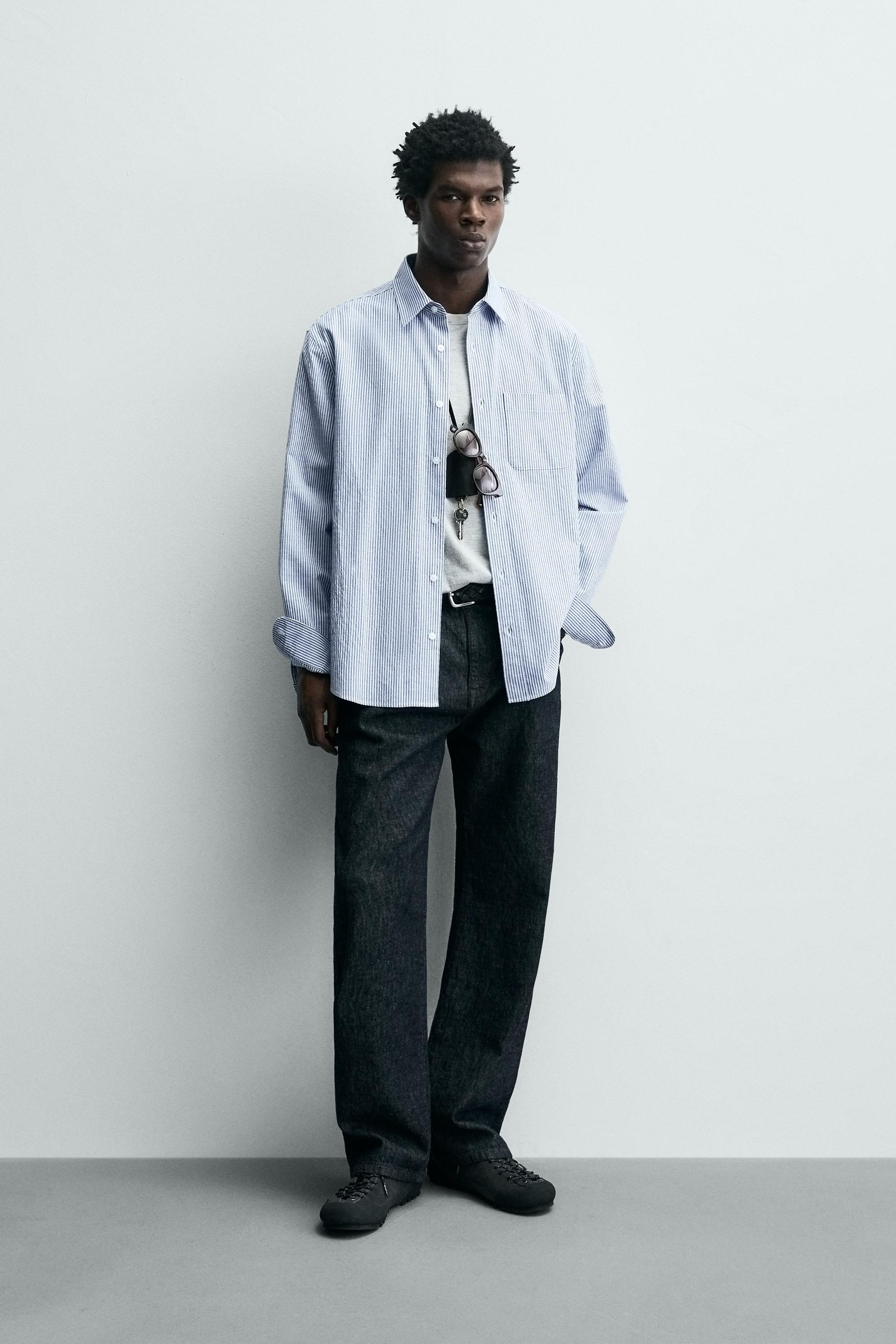 リンクル加工ストライプシャツ - 青色/白色 | ZARA Japan / 日本