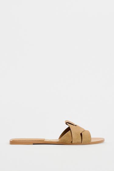 CRISS-CROSS FLAT SPLIT SUEDE SANDALS - Brown by Zara