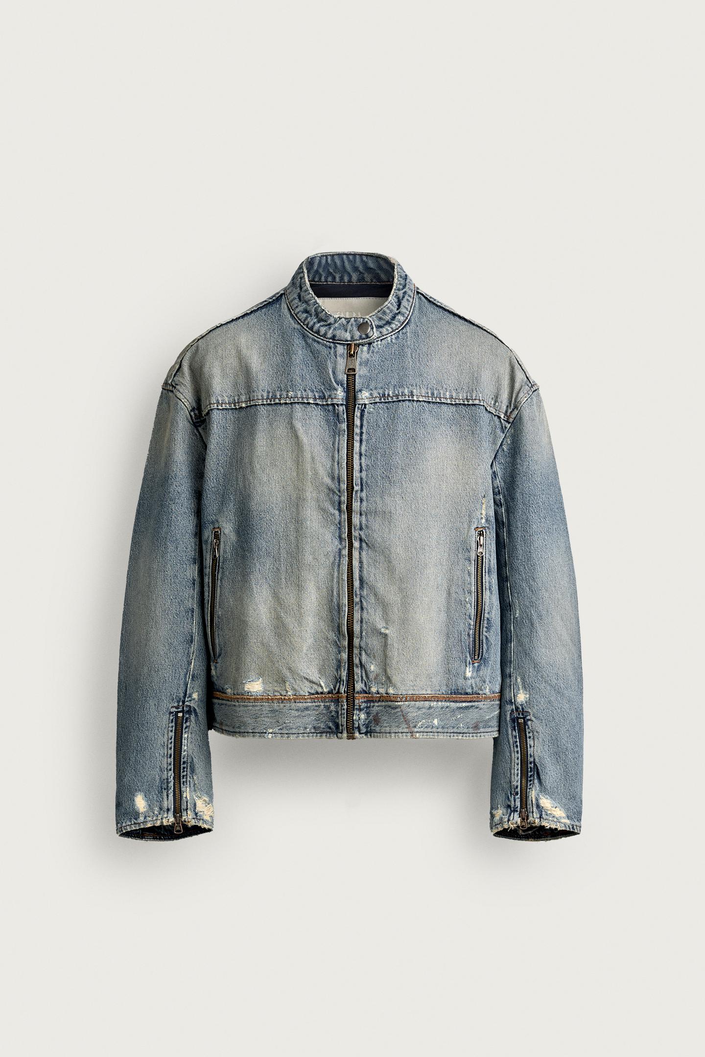Мужская куртка Zara Cropped Denim Biker, цвет: Синий — фото 8