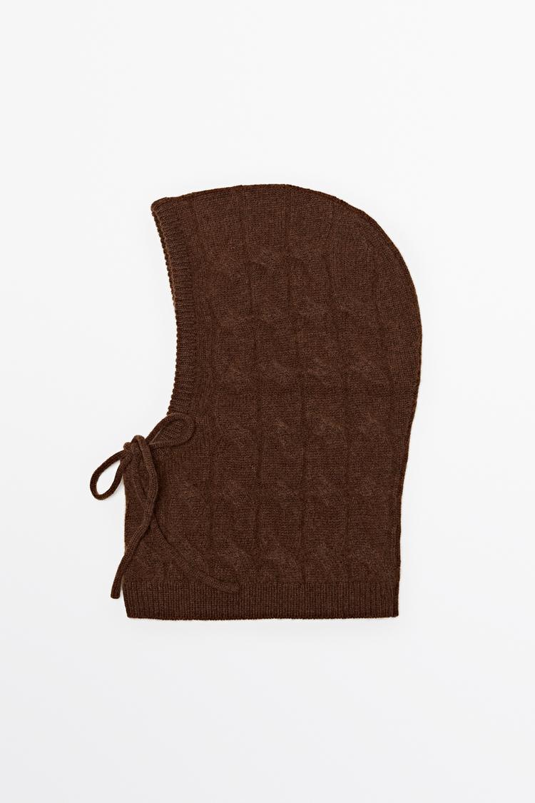 Cotton blend cable-knit balaclava with tie — Caramel
