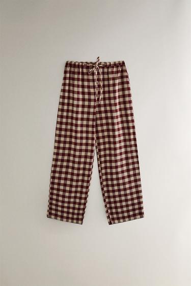깅엄 체크 크리스마스 롱 팬츠 - Zara의 버건디 - 이미지 0