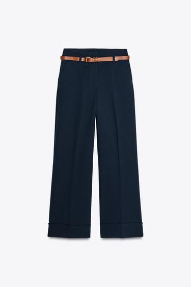 Zara BELTED CUFFED PANTS - Navy blue