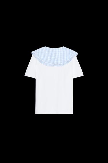 GINGHAM CONTRAST T-SHIRT - Blue/White by Zara