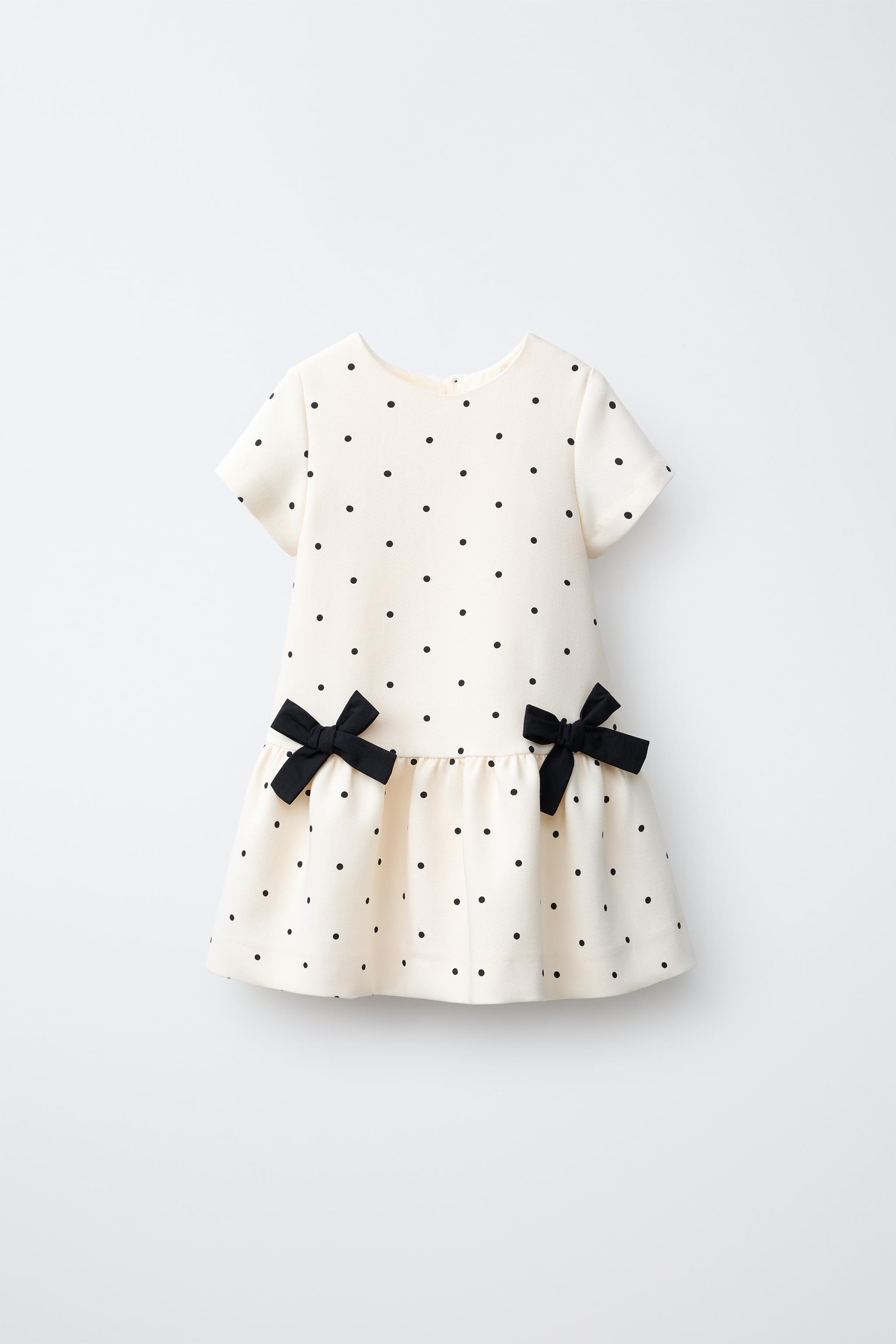 POLKA DOT BOW PRINT DRESS — Oyster-white