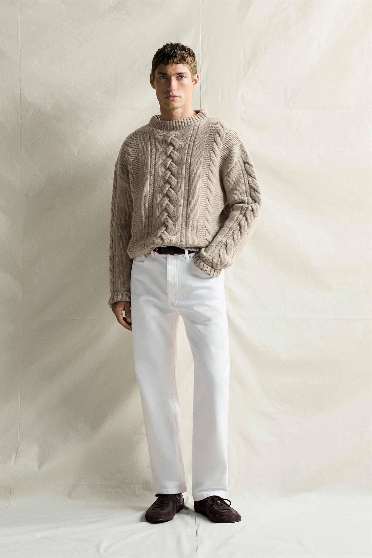Мужской свитер Zara 100% Wool Cable-Knit Botonato Jumper, цвет: Песочный / Меланжевый