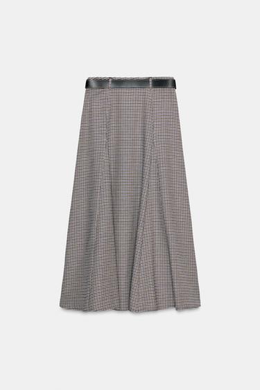 CHECKED MIDI SKIRT WITH BELT - Ecru / Blue by Zara - Image 6