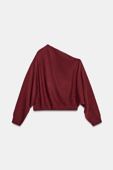 Zara ASYMMETRIC JEWELED KNIT JUMPER - Maroon