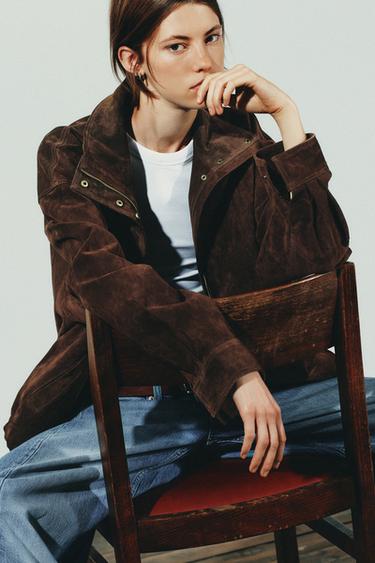 Zara SUEDE LEATHER JACKET - Dark brown