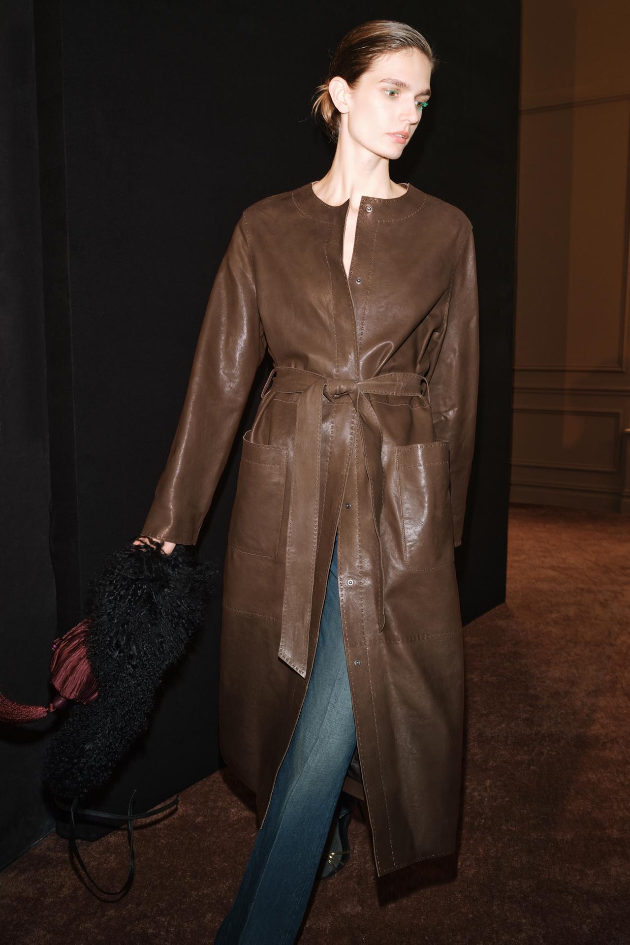 ZW COLLECTION 100% LEATHER MIDI COAT WITH BELT — Brown