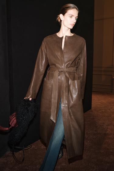 ZW COLLECTION 100% LEATHER MIDI COAT WITH BELT — Brown 2