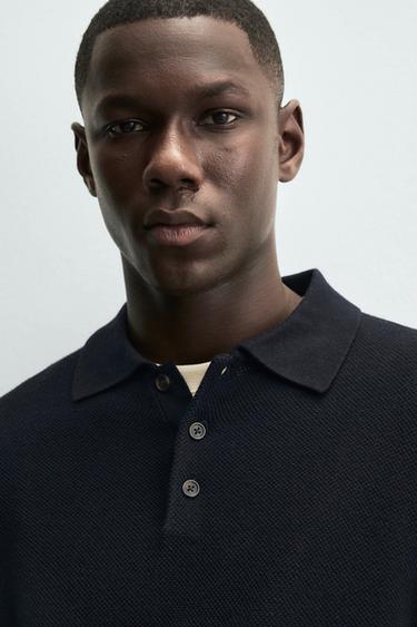 COTTON/LYOCELL KNIT POLO SHIRT - Navy blue by Zara - Image 4