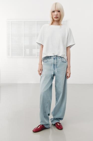 Zara 高腰 TRF 桶型牛仔褲 - 淡藍色