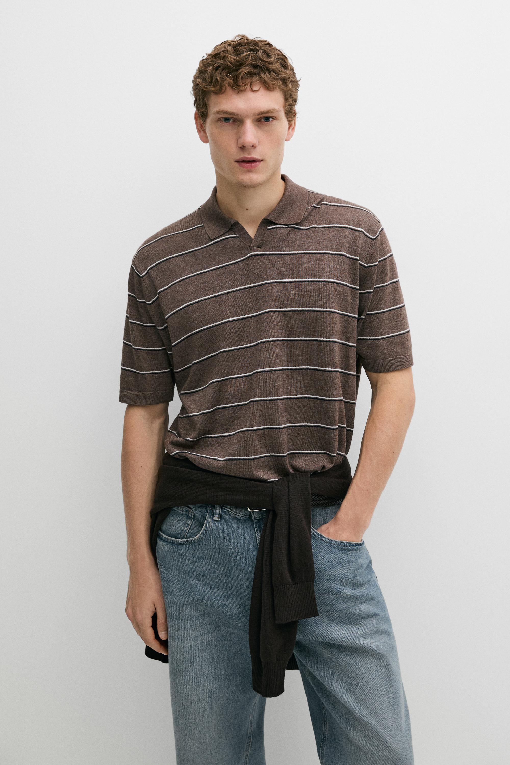 Striped knit V-neck polo shirt — Tortoise shell