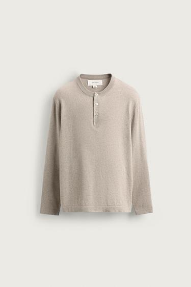 Zara COTTON BLEND HENLEY JUMPER - Sand / Marl