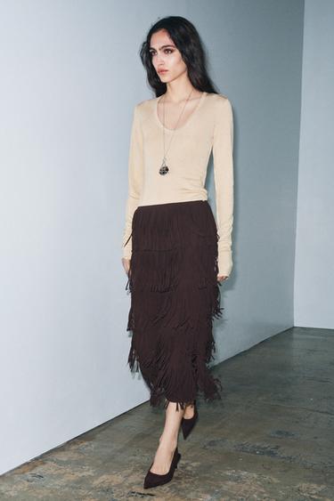Zara ZW COLLECTION FRINGED PENCIL SKIRT - Brown