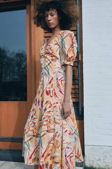 Zara BALLOON SLEEVE PRINTED MIDI DRESS - Multicolored