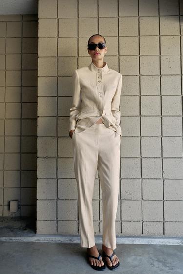 SLIM FIT LINEN BLEND CROPPED TROUSERS - Light beige by Zara