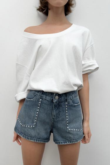 TRF STUDDED DENIM SHORTS - Blue by Zara