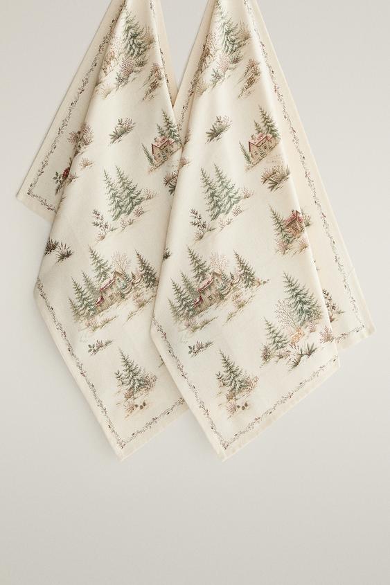 Zara CHRISTMAS TOILE KITCHEN TEA TOWELS (PACK OF 2) - Green - Image 0