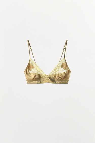 SATIN TRIANGLE BRA WITH LACE - yellow by Zara