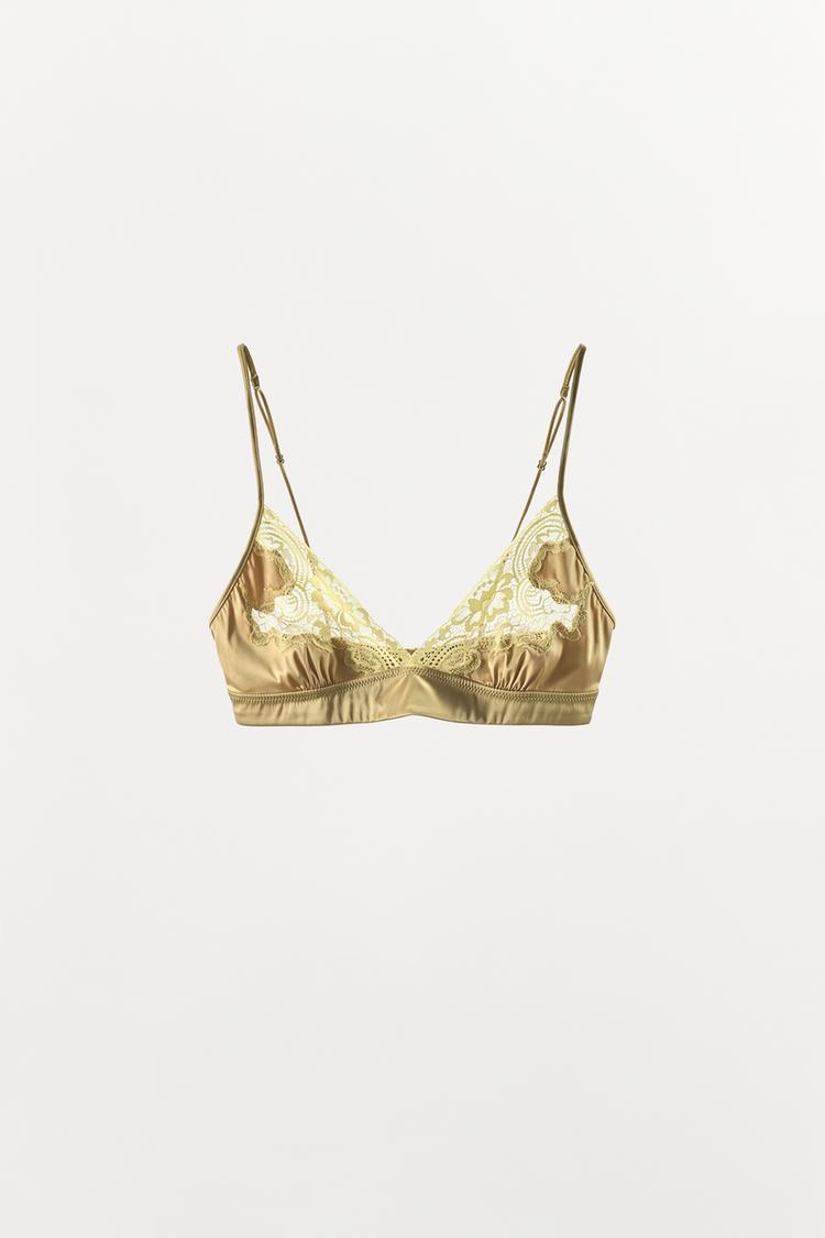 SATIN EFFECT LACE TRIANGLE BRA — yellow