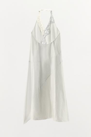 STRIPED HALTERNECK LACE DRESS - Ecru / Beige by Zara - Image 7