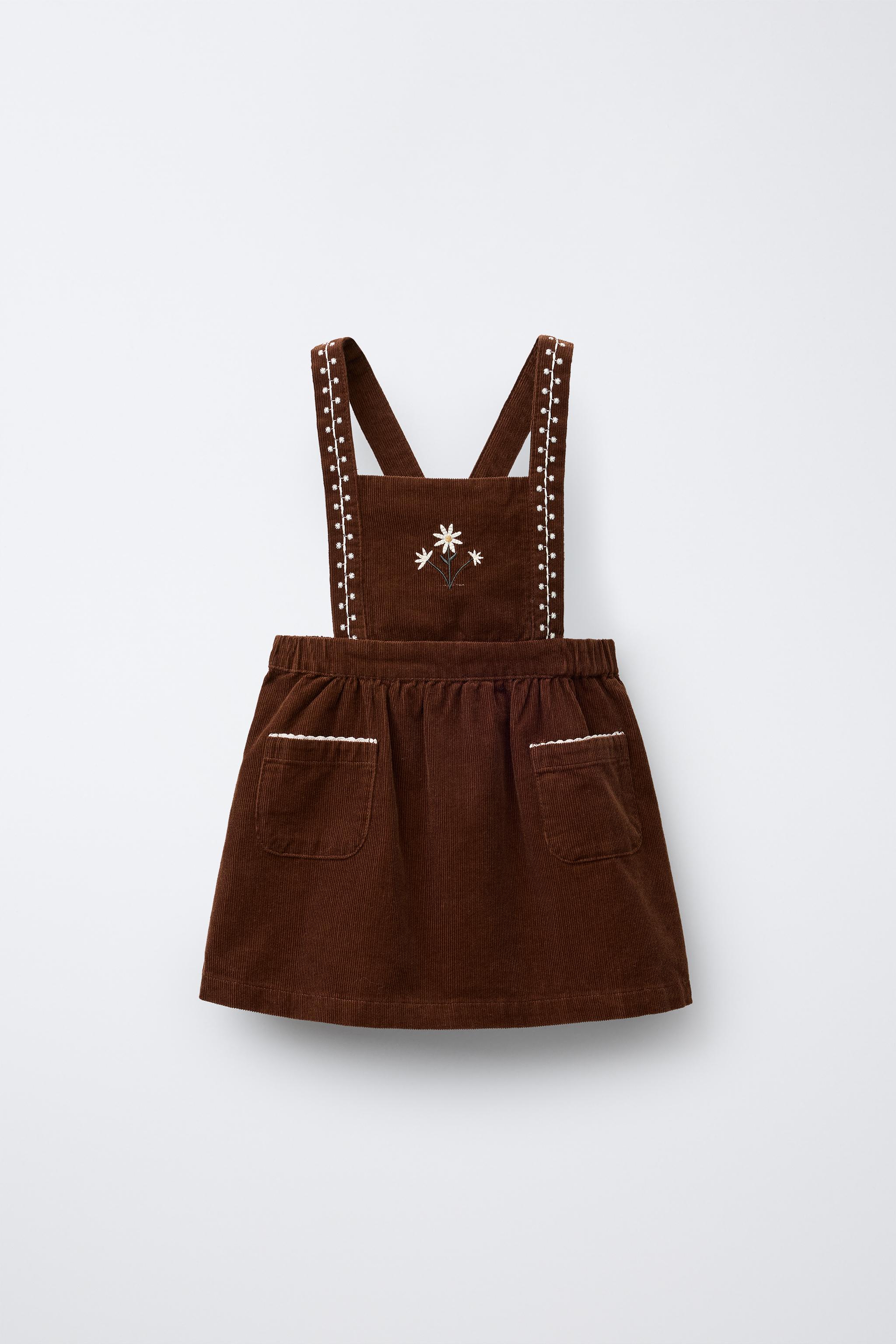 EMBROIDERED CORDUROY PINAFORE DRESS Brown ZARA Spain