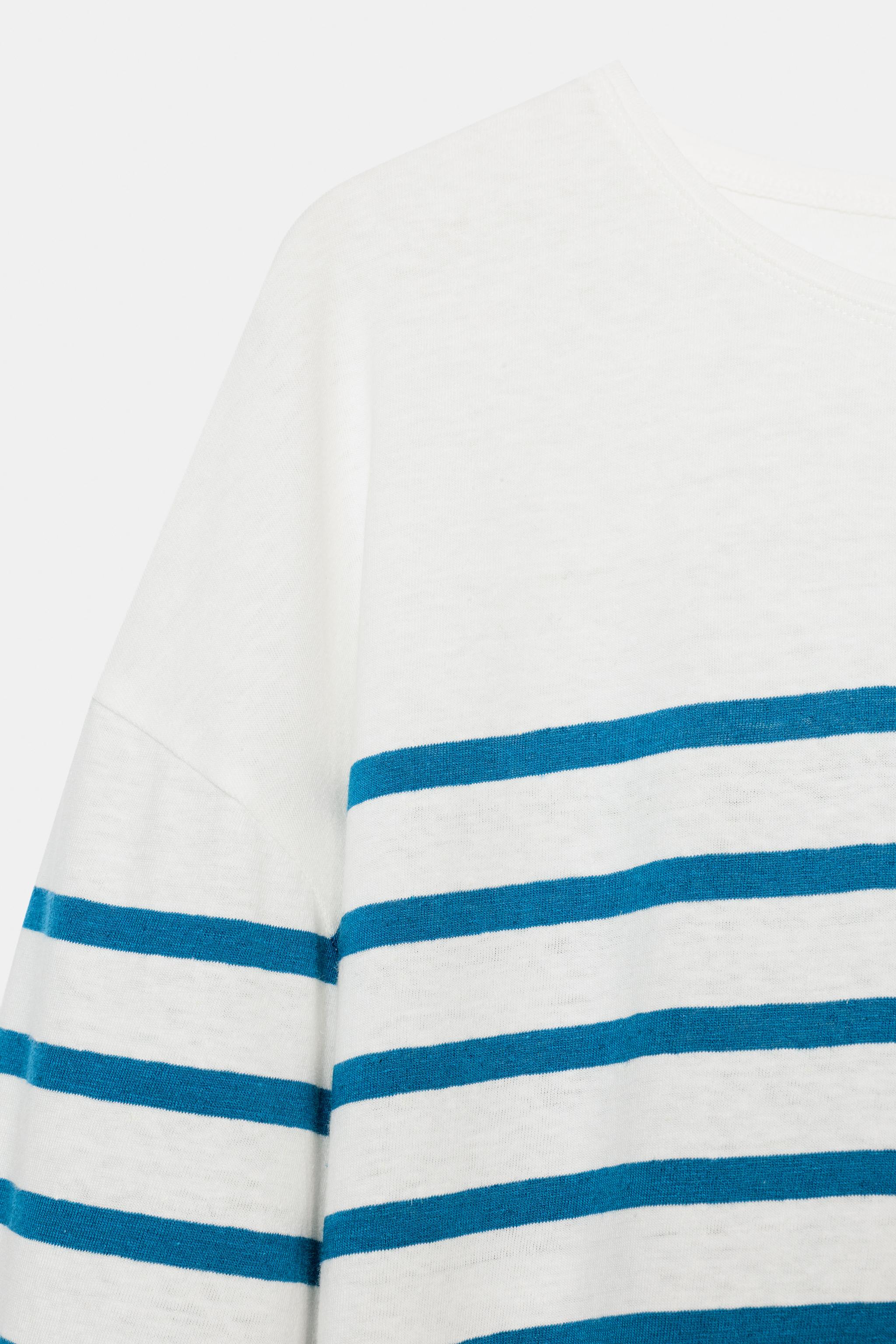Женские футболки Zara STRIPED COTTON AND LINEN T-SHIRT — фото 3