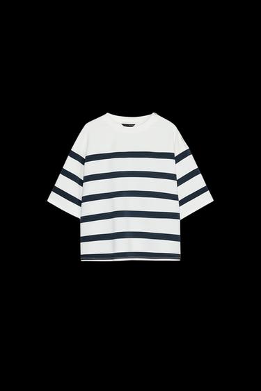 Zara SHORT SLEEVE STRIPE TOP - White / Navy - Image 0