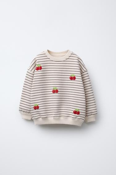 Zara STRIPED SWEATSHIRT WITH EMBROIDERED CHERRIES - Ecru