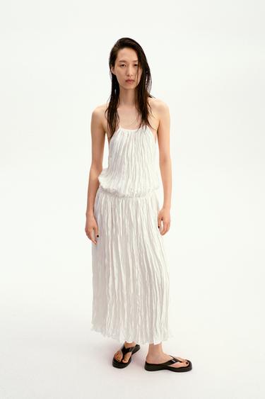 Zara ZW COLLECTION 百摺繞頸吊帶洋裝 - 香子蘭色