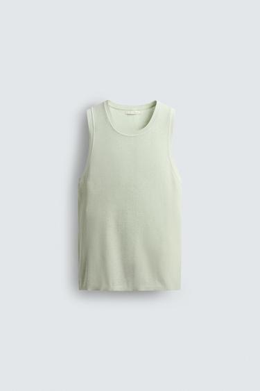 Zara TEXTURED KNIT TANK TOP - Light blue
