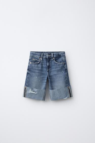 ダメージ加工ロングデニムバミューダパンツブルーZaraのダメージ加工ロングデニムバミューダパンツ - ブルー