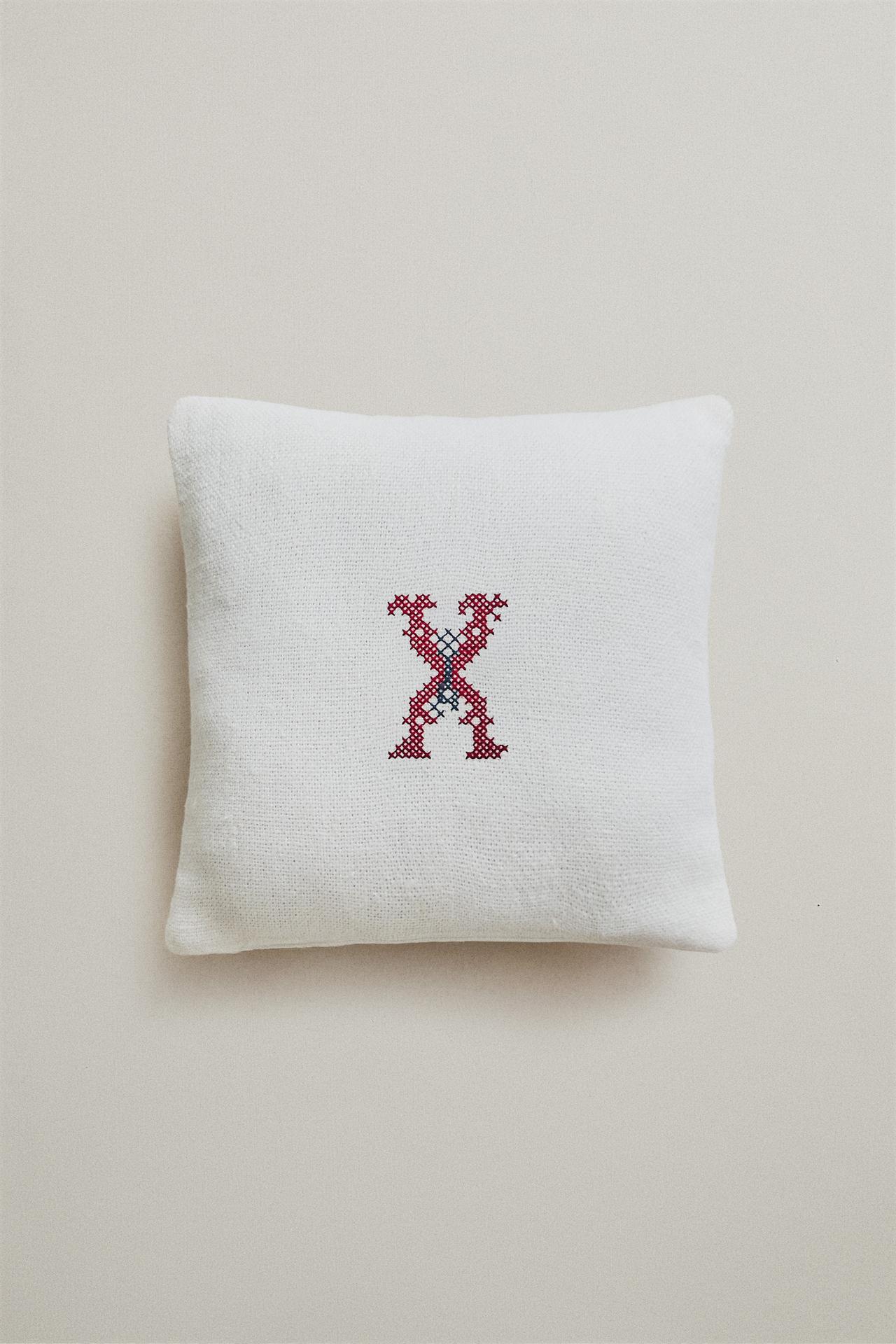 EMBROIDERED LETTER X LINEN CUSHION — Ecru