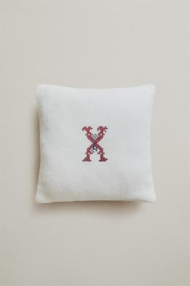 EMBROIDERED LETTER X LINEN CUSHION — Ecru 1