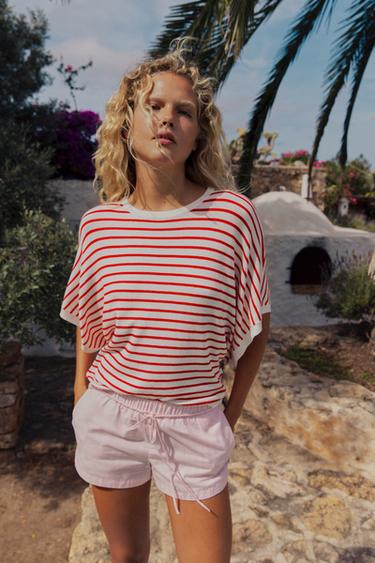 WIDE SHORT SLEEVE KNIT TOP - Red Stripe by Zara