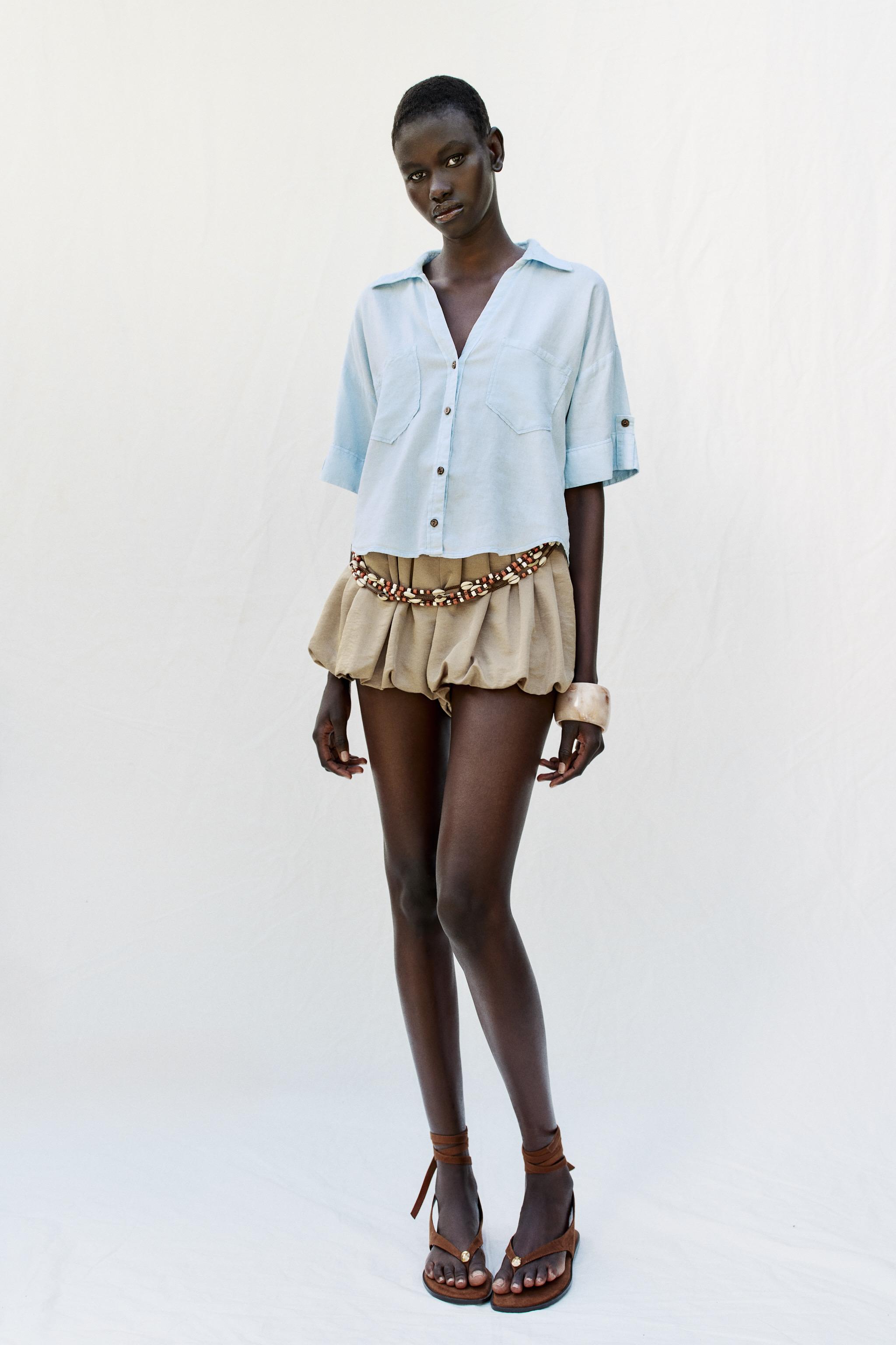 Женские рубашки Zara CROPPED LINEN BLEND SHIRT