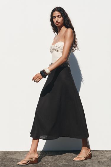 BELTED LINEN MIDI SKIRT - Black by Zara - Image 2