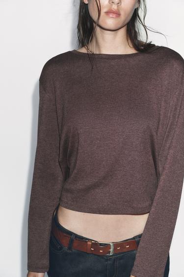 T-SHIRT COL BATEAU MANCHES LONGUES - Marron clair chiné de Zara - Image 1