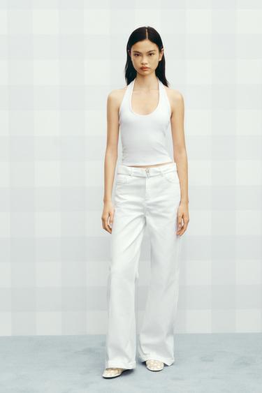 Zara Z1975 系列高腰寬管腰帶牛仔褲 - 白色
