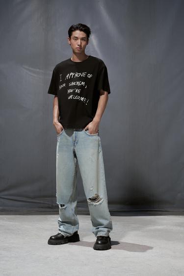 Zara BAGGY 版型剪破牛仔褲 - 淡藍色
