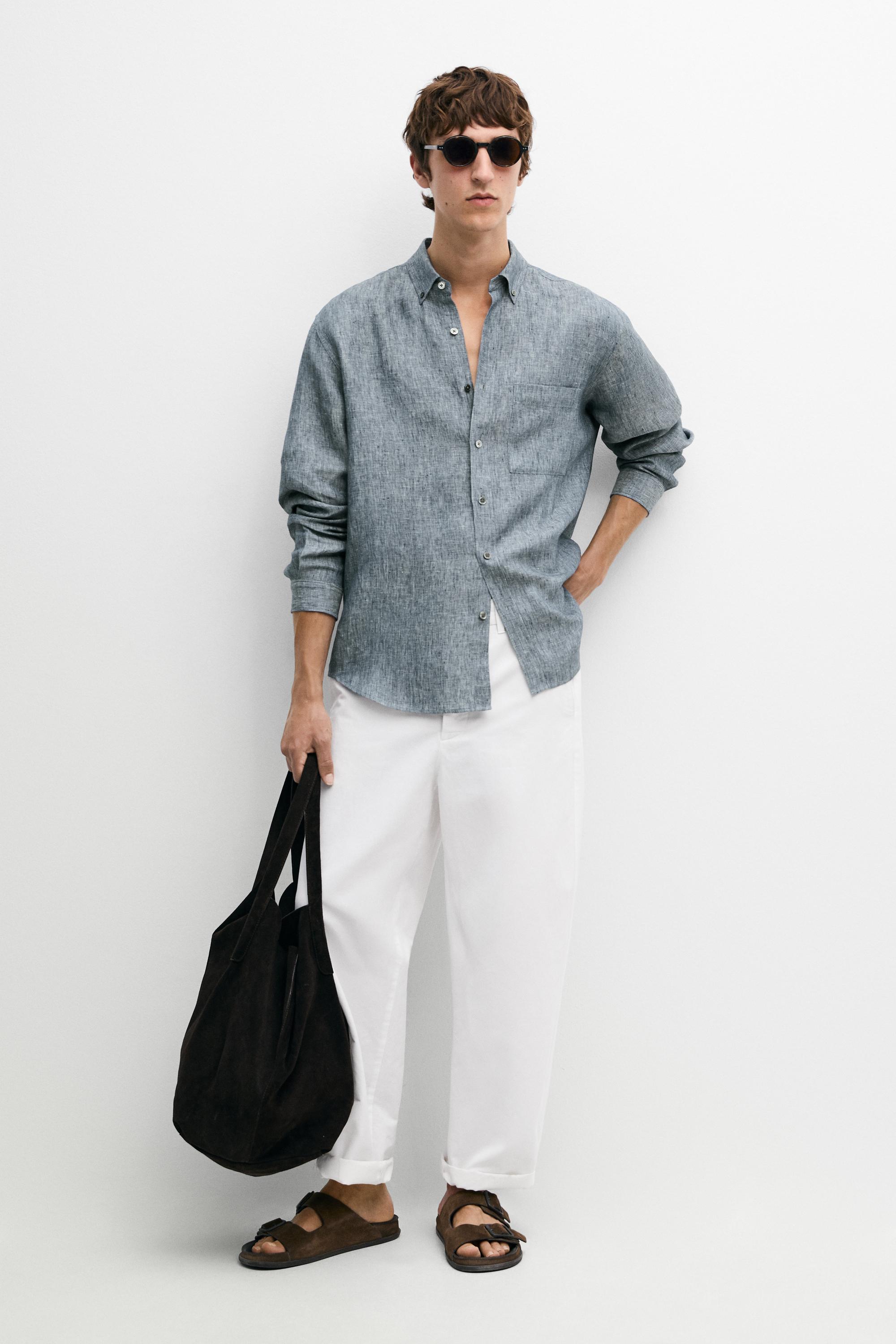 Regular fit melange twill 100% linen shirt